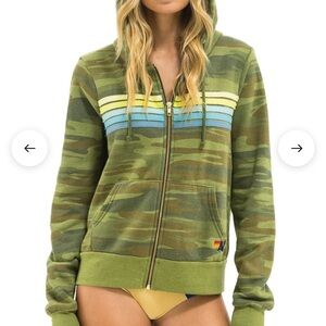Aviator Nation 5 STRIPE HOODIE - CAMO // LIME AQUA, NWT- Unisex Size Large